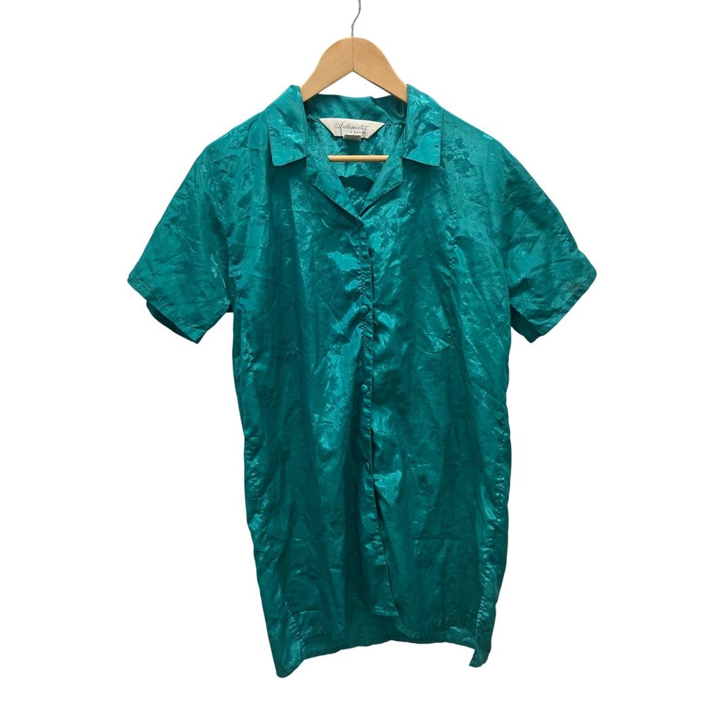 Vintage Liz Banks Small Intimates Teal Satin Pajama Top Button‎ Short Sleeve